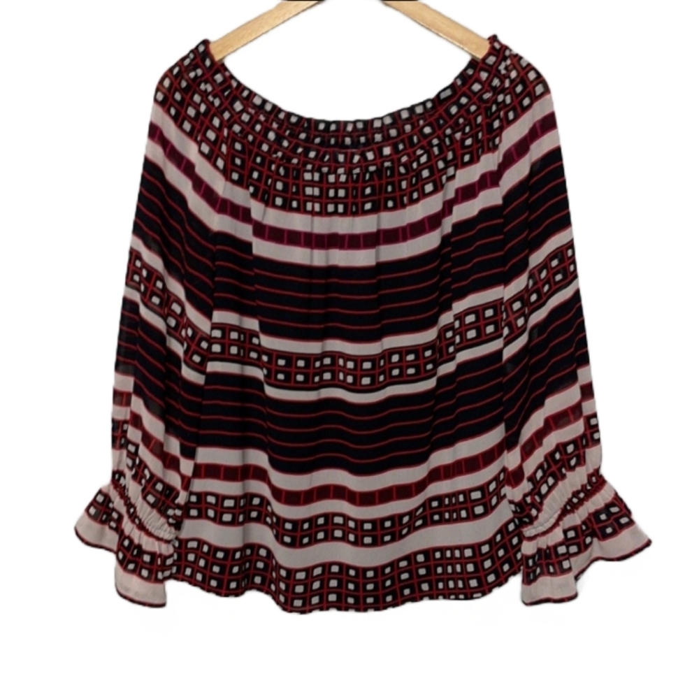 Ann Taylor Loft Geometric Print Blouse With Ruffled Sleeves Large